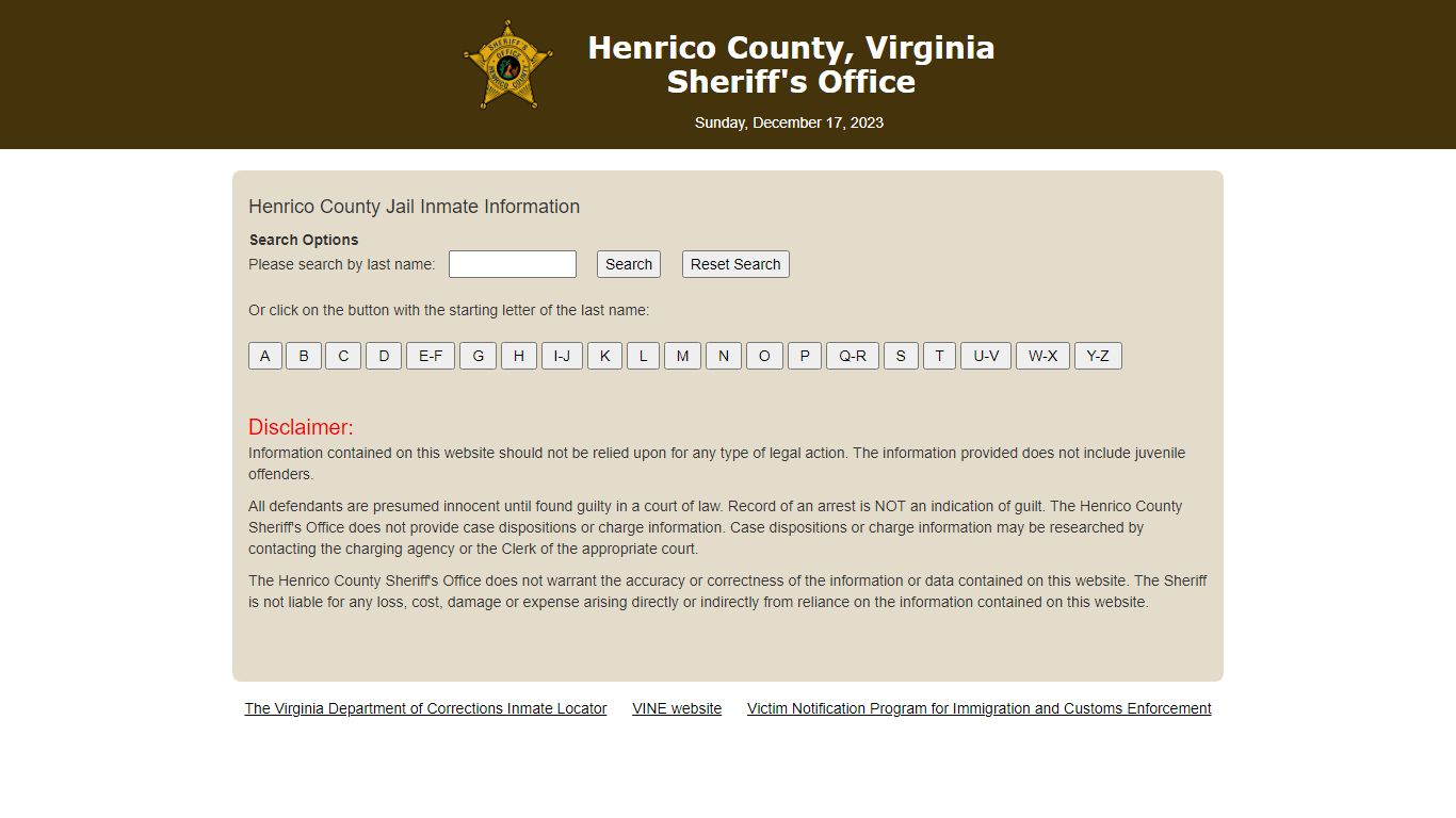 Inmate Search - Henrico County Sheriff's Office